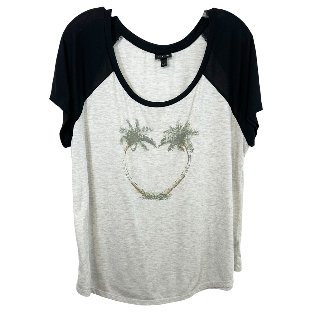 Torrid Plus Size 2X Top Grey Black Raglan Tee Palm Tree‎ Beachy Coastal 171
